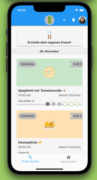 Screenshot der Foodbuddies App, auf dem eine Liste mit Events zu sehen ist.